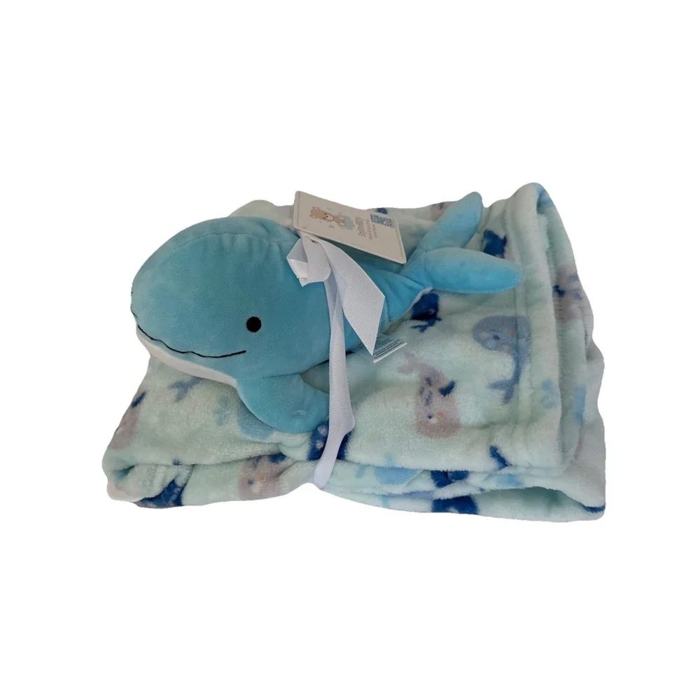 Stylish Baby Shark Plush Toy Blanket Set Boys Blue Ocean Sea Life Fleece NWT